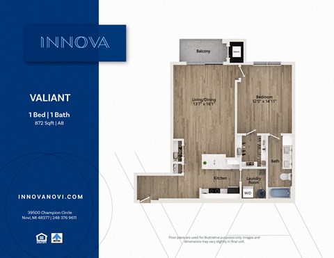 Floor plan for 1 bed, 1 bath, 872 sqft